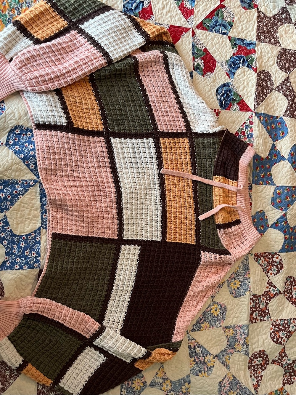 Patchwork Knit Cropped Sweater - Pink, Olive & Brown Large